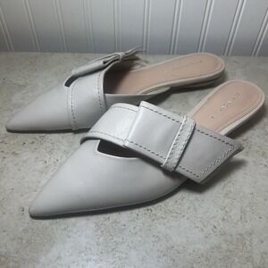 Zara Woman Leather Pointed Bow Mules Cream Ivory White Flat Slides Shoes Size 38